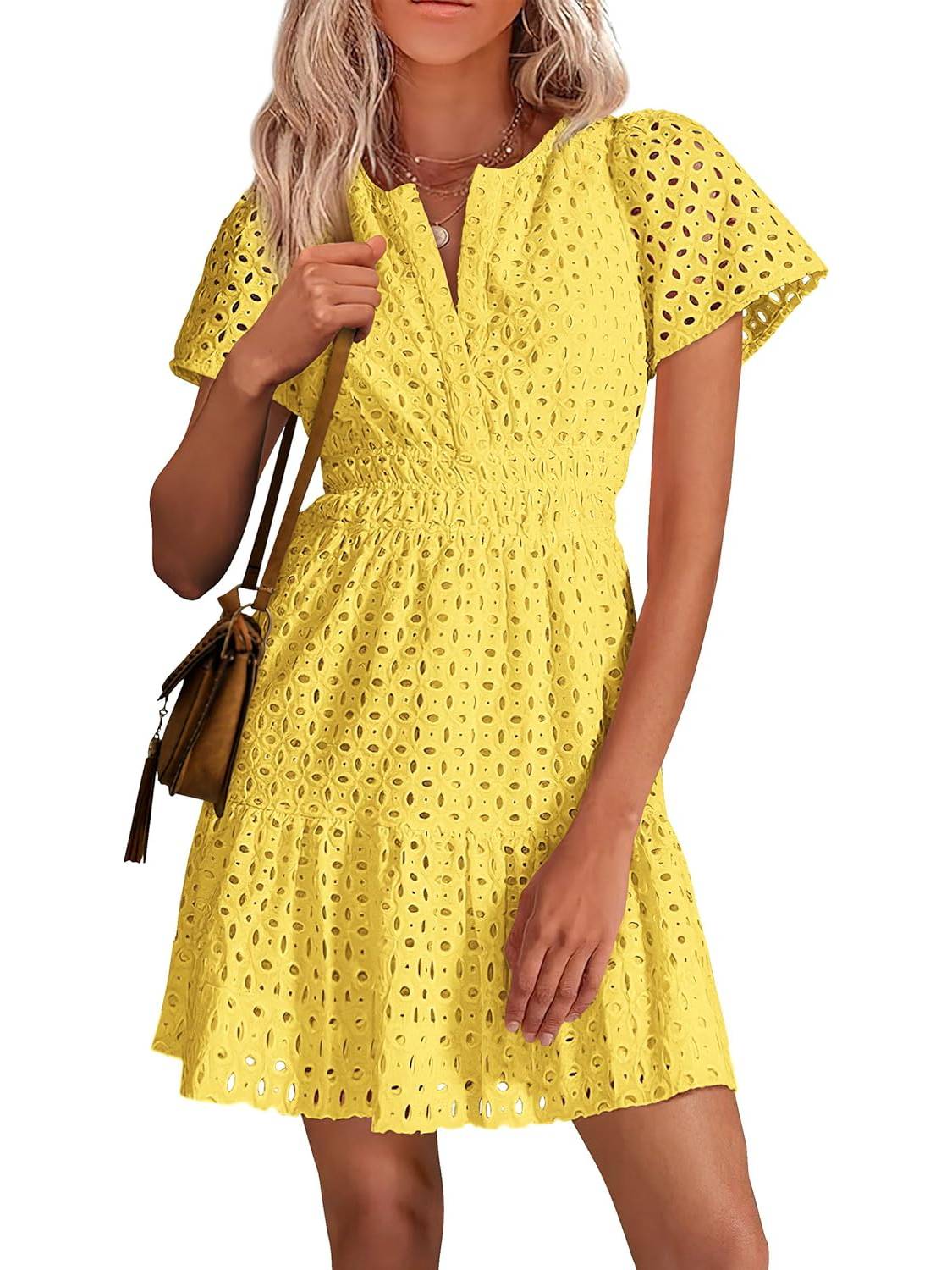Women's V Neck Short Sleeve A Line Hollow Out Lace Dress