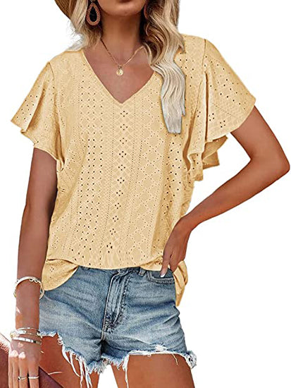 Women's Hollow Waistband Ruffle Sleeve T-shirt