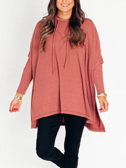 Women's Oversized Bat Sleeve Ribbed Hooded Pullover