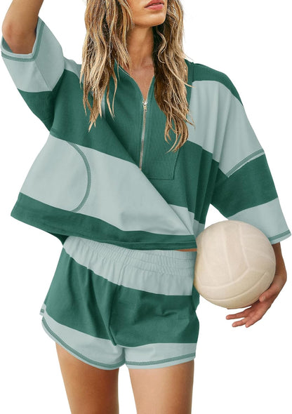 Women's Summer Oversized Striped Shirt and Shorts Sets
