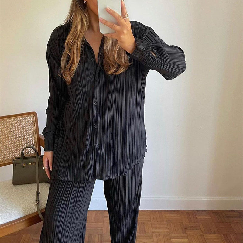 Causal Set Loose Button-Down Shirt and Pleated Wide Leg Pants