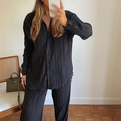 Causal Set Loose Button-Down Shirt and Pleated Wide Leg Pants