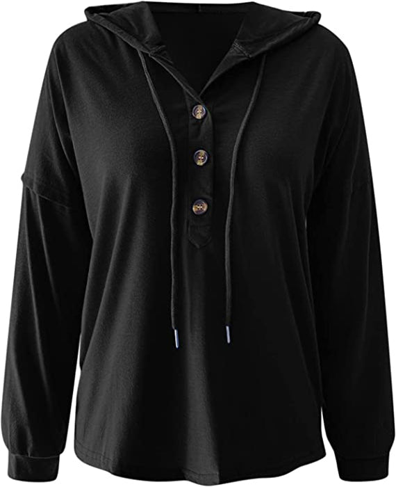Button  Casual Loose Solid Color Closure Hoodie