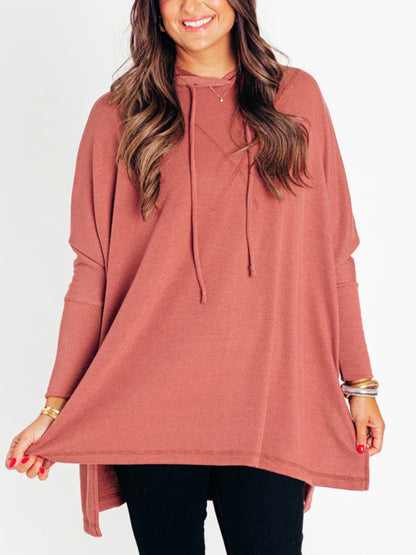Women's Oversized Bat Sleeve Ribbed Hooded Pullover