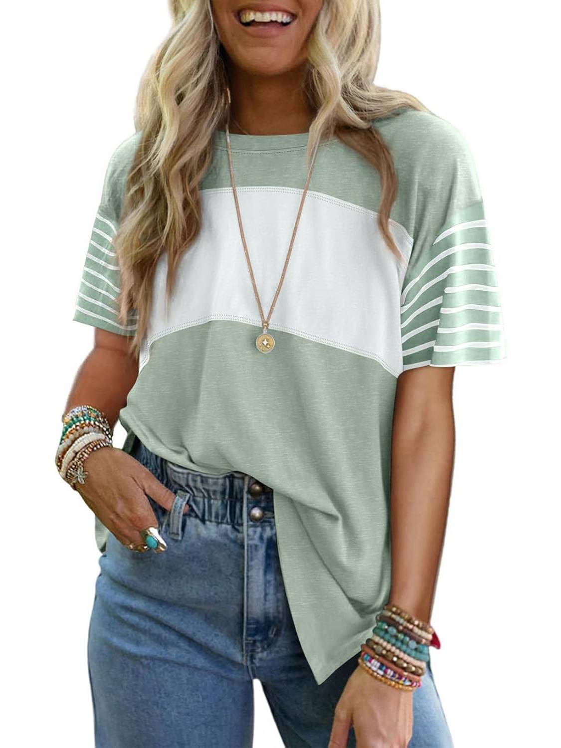 Women's Casual Crewneck Color Block Striped T-shirt