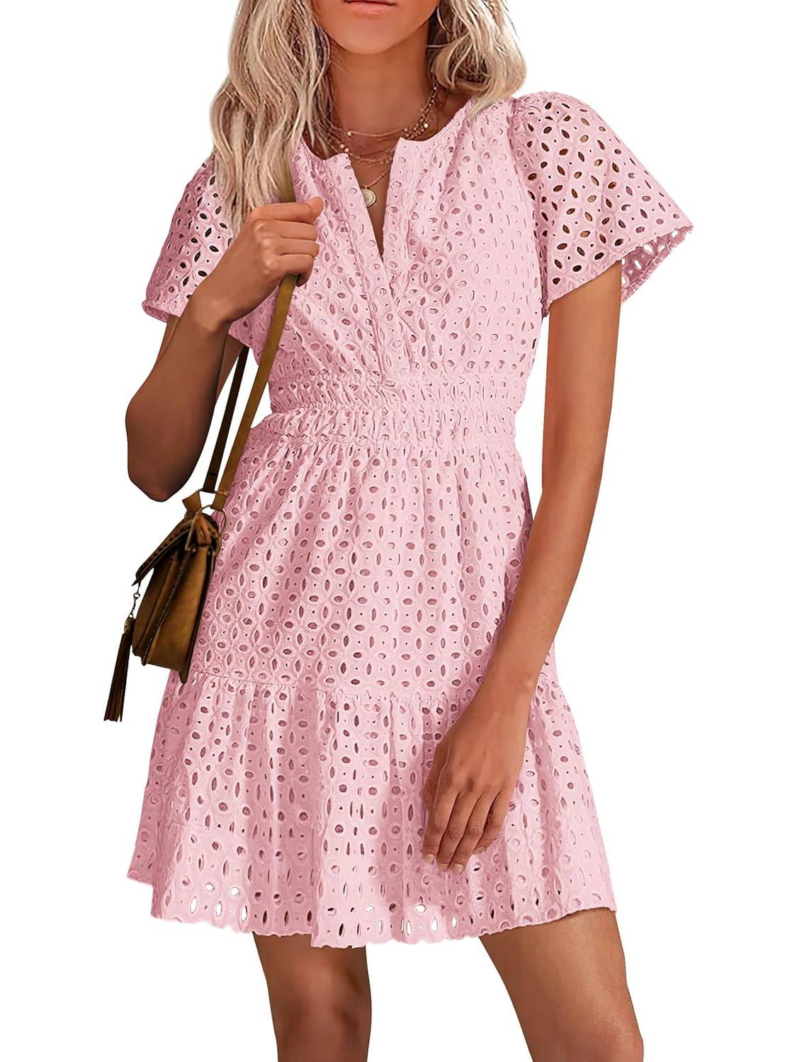 Women's V Neck Short Sleeve A Line Hollow Out Lace Dress