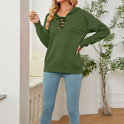Solid Color Long Sleeve With Neckline Tie Hoodie