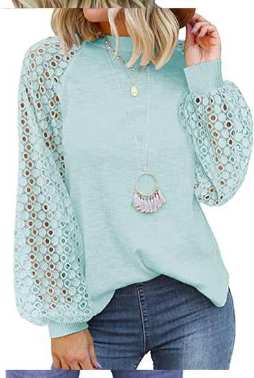 Round neck long sleeve lace splicing loose T-shirt