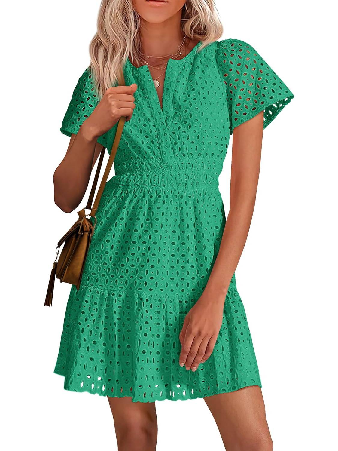 Women's V Neck Short Sleeve A Line Hollow Out Lace Dress