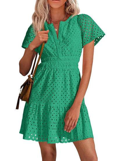 Women's V Neck Short Sleeve A Line Hollow Out Lace Dress