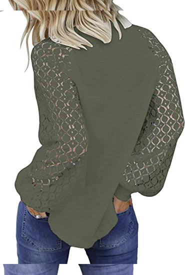 Round neck long sleeve lace splicing loose T-shirt
