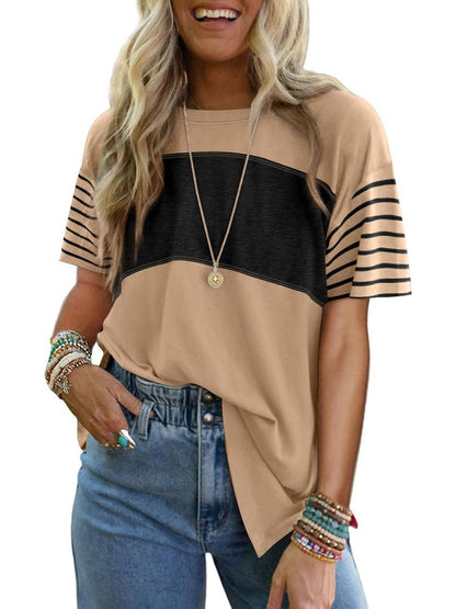 Women's Casual Crewneck Color Block Striped T-shirt