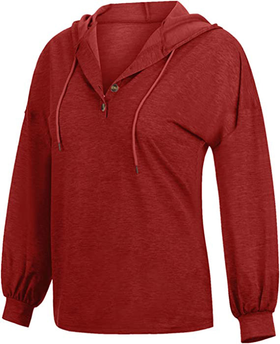 Button  Casual Loose Solid Color Closure Hoodie