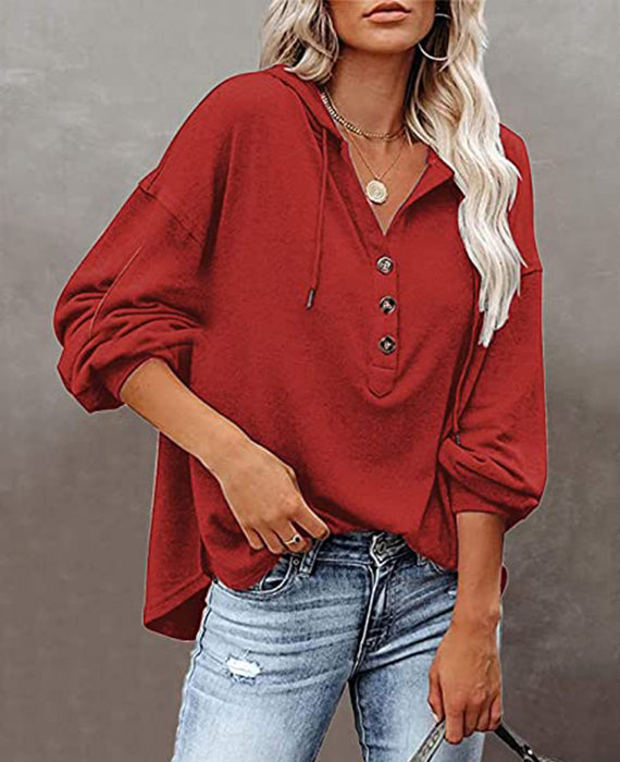 Button  Casual Loose Solid Color Closure Hoodie