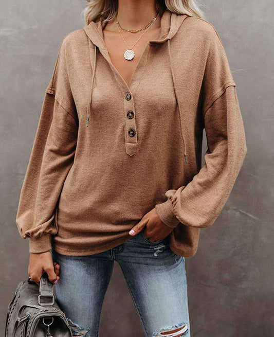 Button  Casual Loose Solid Color Closure Hoodie