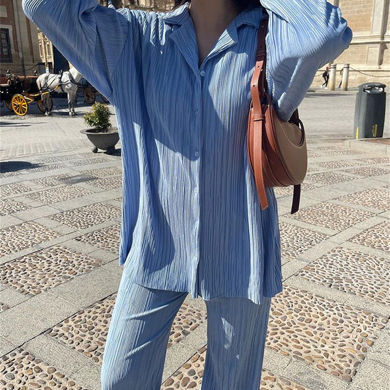 Causal Set Loose Button-Down Shirt and Pleated Wide Leg Pants
