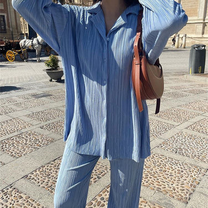 Causal Set Loose Button-Down Shirt and Pleated Wide Leg Pants