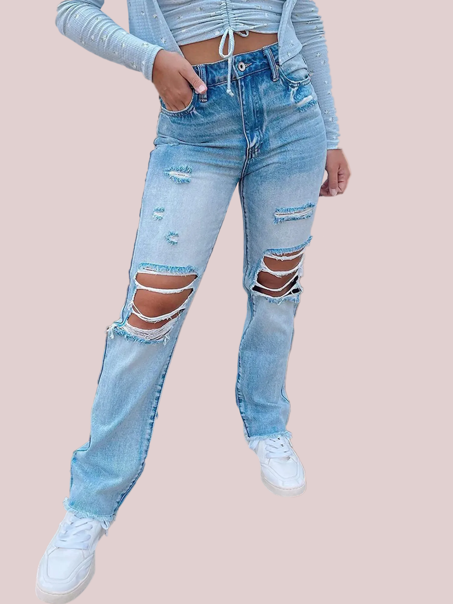 High Waist Frayed Hem Ripped Jeans – Pinklaura™