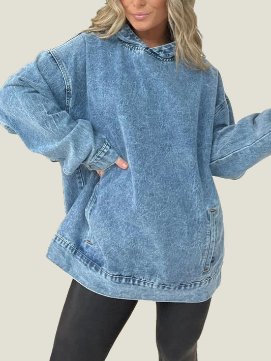 Denim Hooded Sweatshirt with Front Pockets