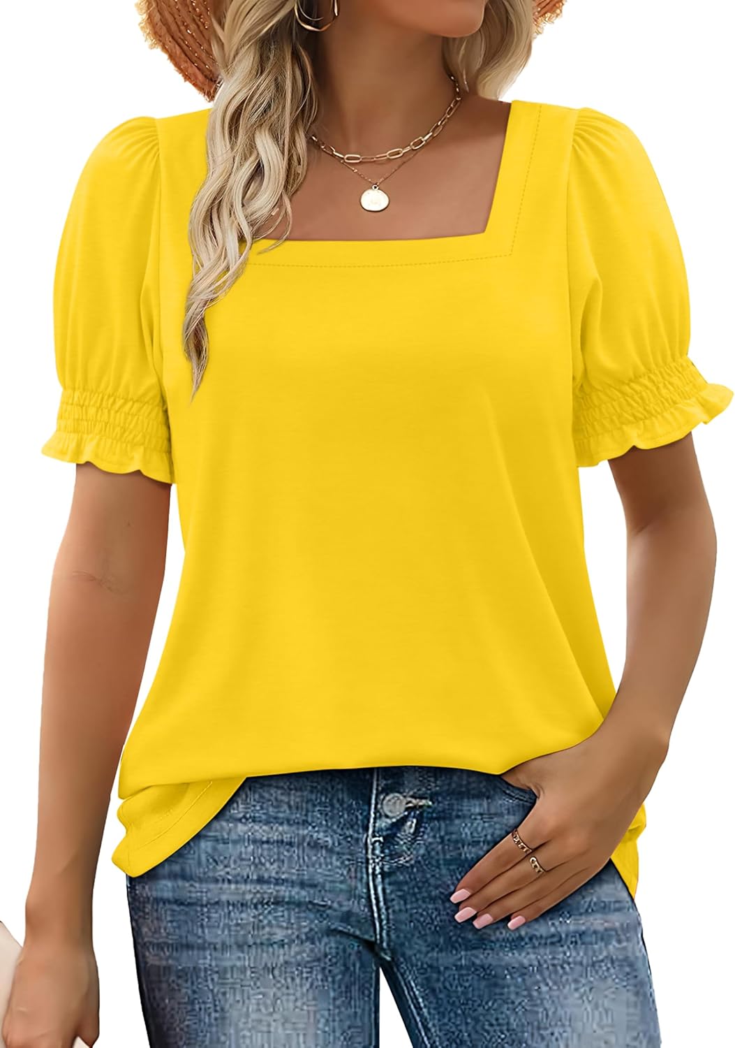 Women's Square Neck Smocked Sleeve Casual Tops