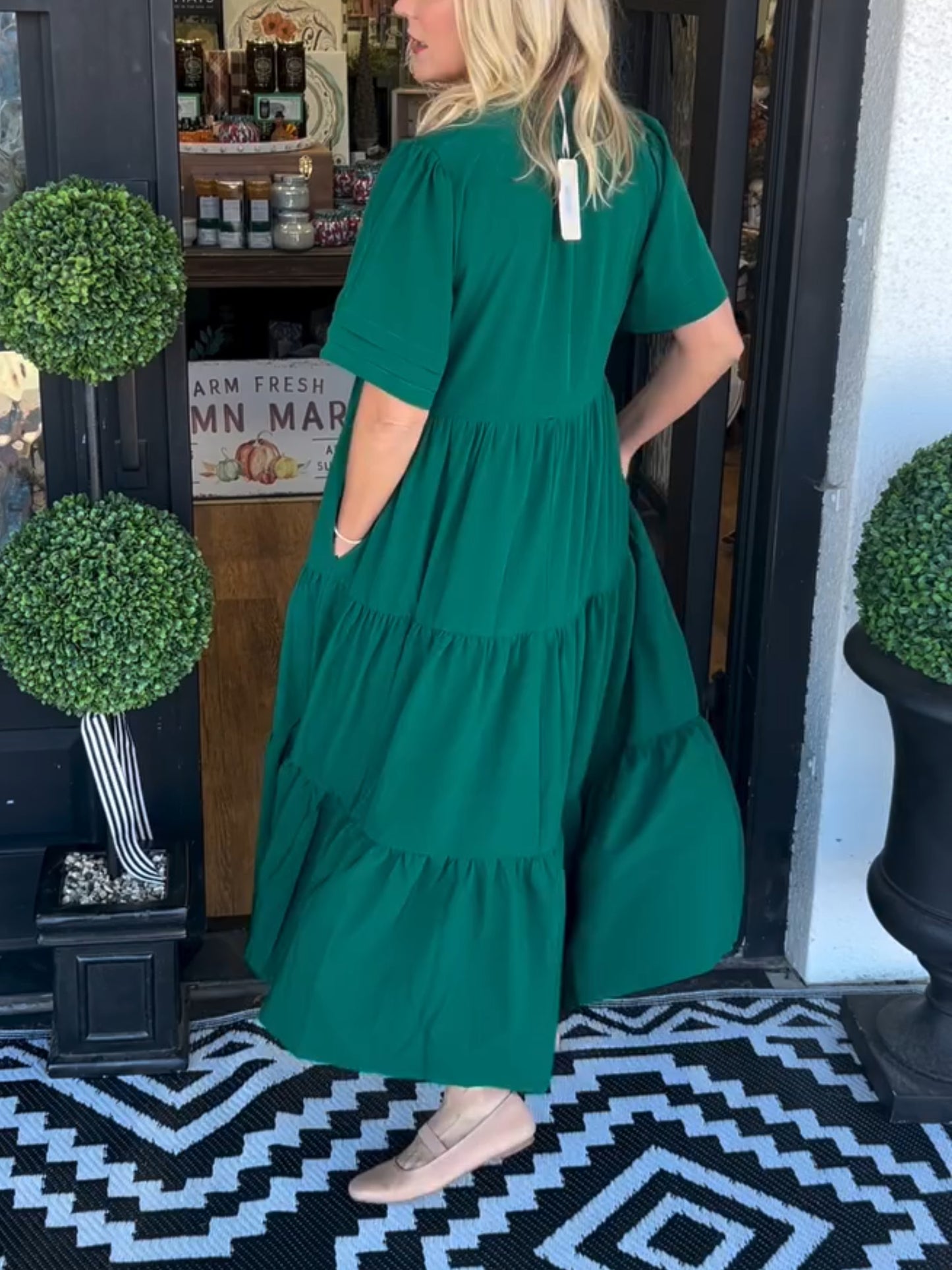 Women's V-Neck Tiered Midi Dress with Pockets