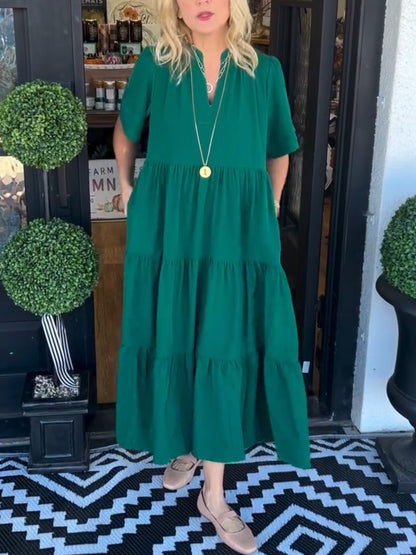Women's V-Neck Tiered Midi Dress with Pockets