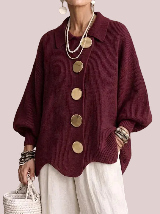 Women's French Lapel Knit Cardigan with Big Metal Buttons