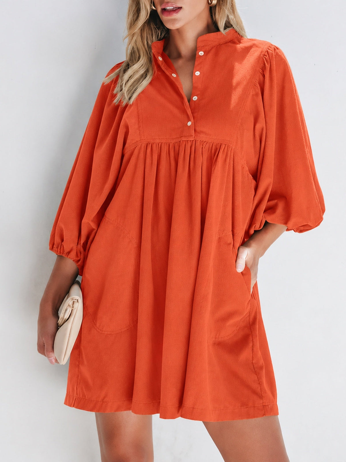 Women Snap Button Corduroy Puff-sleeve Dress