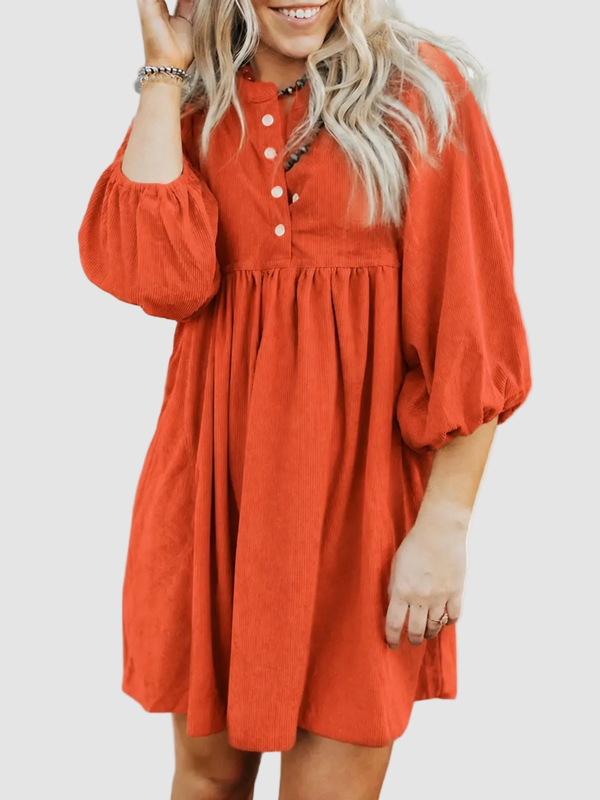 Women Snap Button Corduroy Puff-sleeve Dress