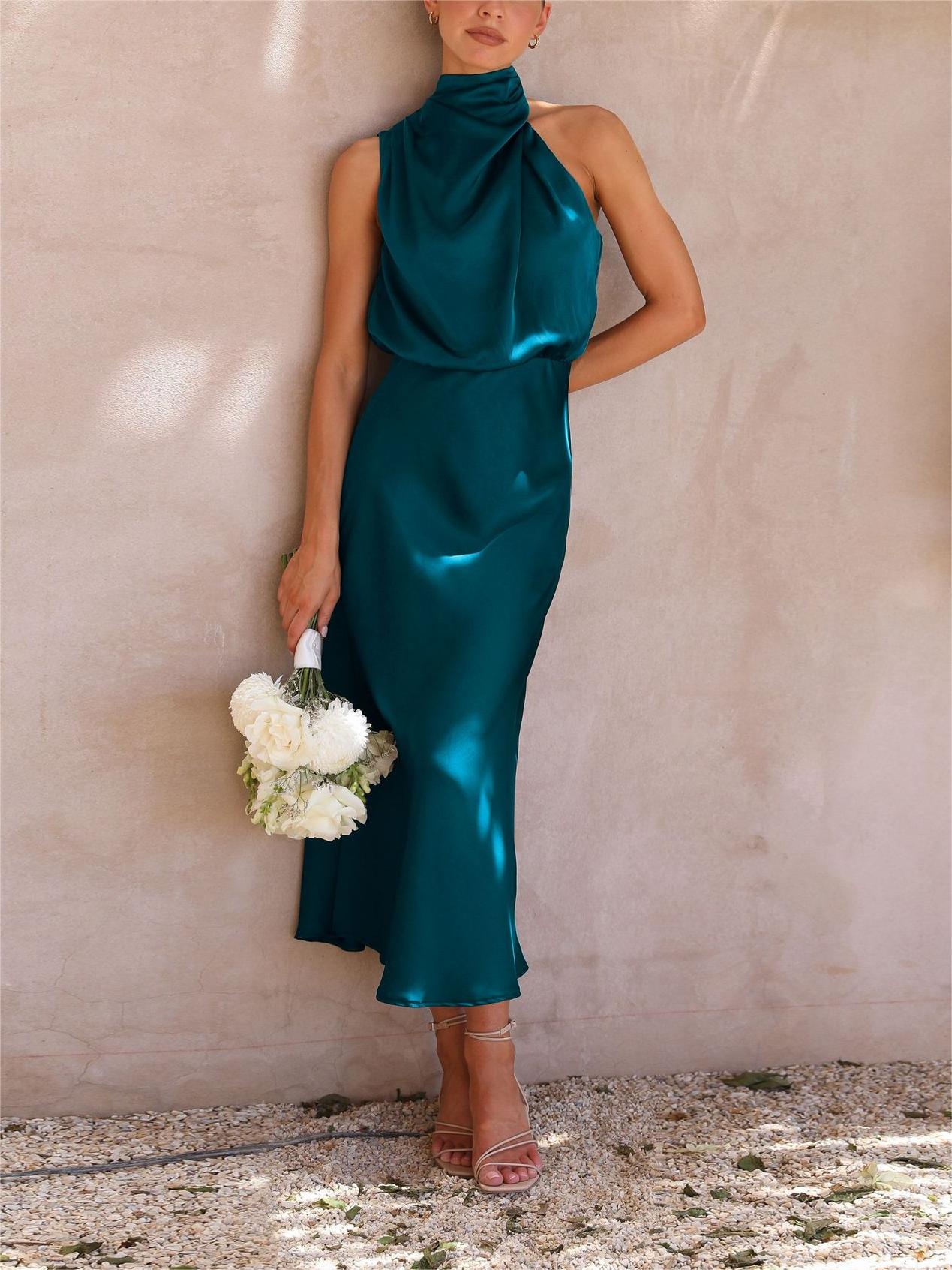 Mock Neck Keyhole Elastic High Waist Maxi Dress