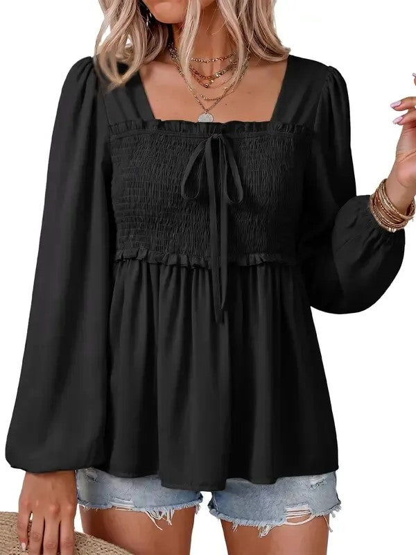 Women's Boho Floral Ruffle Square Neck Casual Shirt
