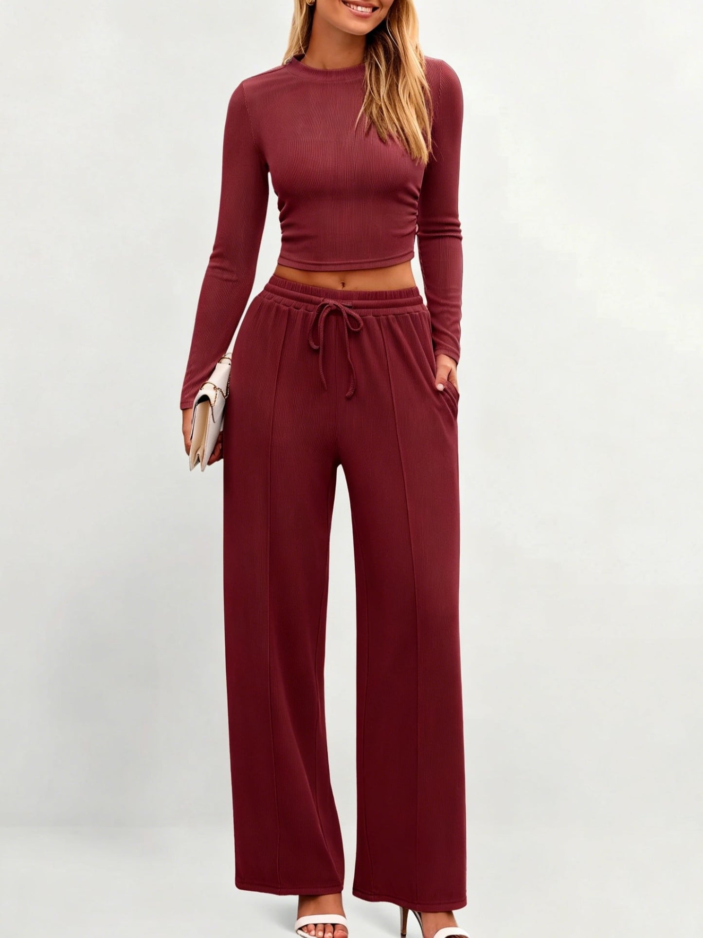 Women's Stretch Co-ord Set – Mock Neck Cropped Top & High Waist Wide Leg Pants