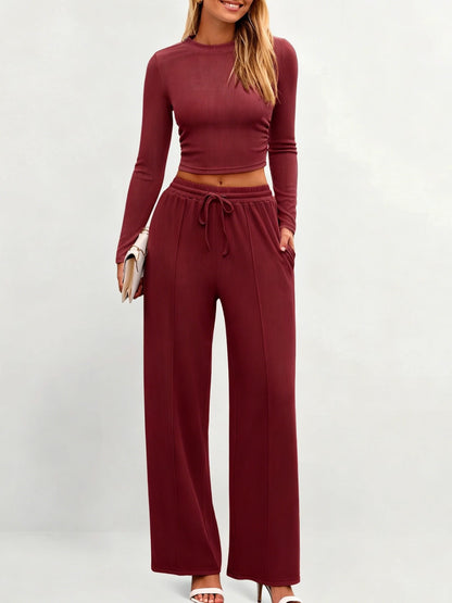 Women's Stretch Co-ord Set – Mock Neck Cropped Top & High Waist Wide Leg Pants