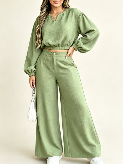 Women's Elastic Cuff Crop Top Wide Leg Trousers Matching Set