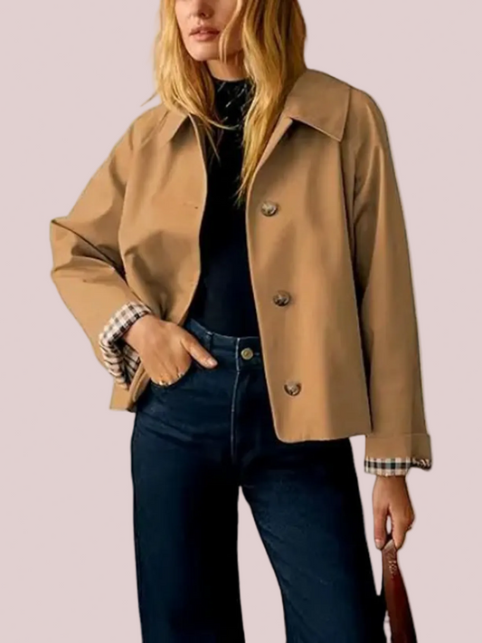 Women's Cropped Trench Jacket With Plaid Cuff Lining