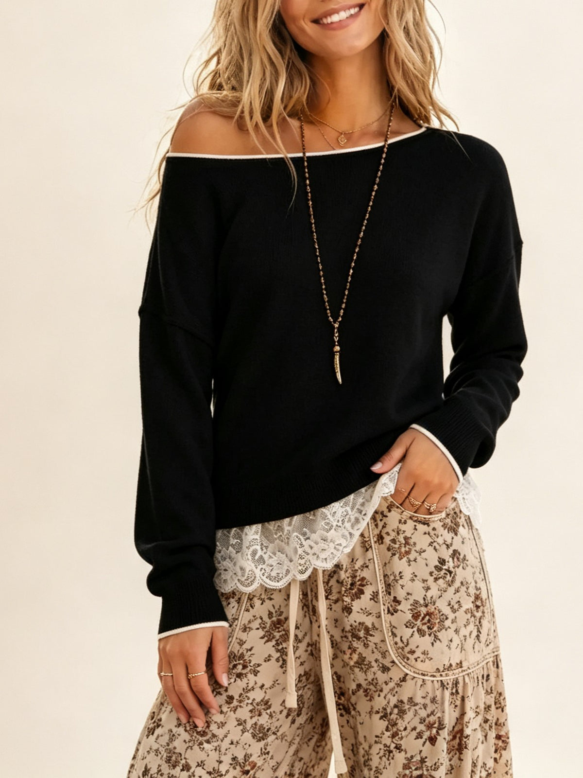 Women's Off‑Shoulder Drop Shoulder Sweater With Lace Trim