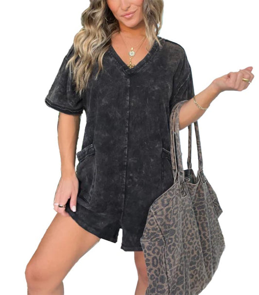 Women's Casual Mineral Washed Tee Romper with Pockets