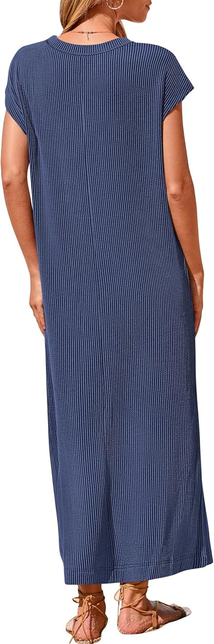Women's Ribbed Henley Button Up Split Long Dress