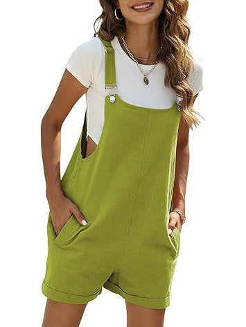 Women's Cotton Linen Short Overalls with Pockets