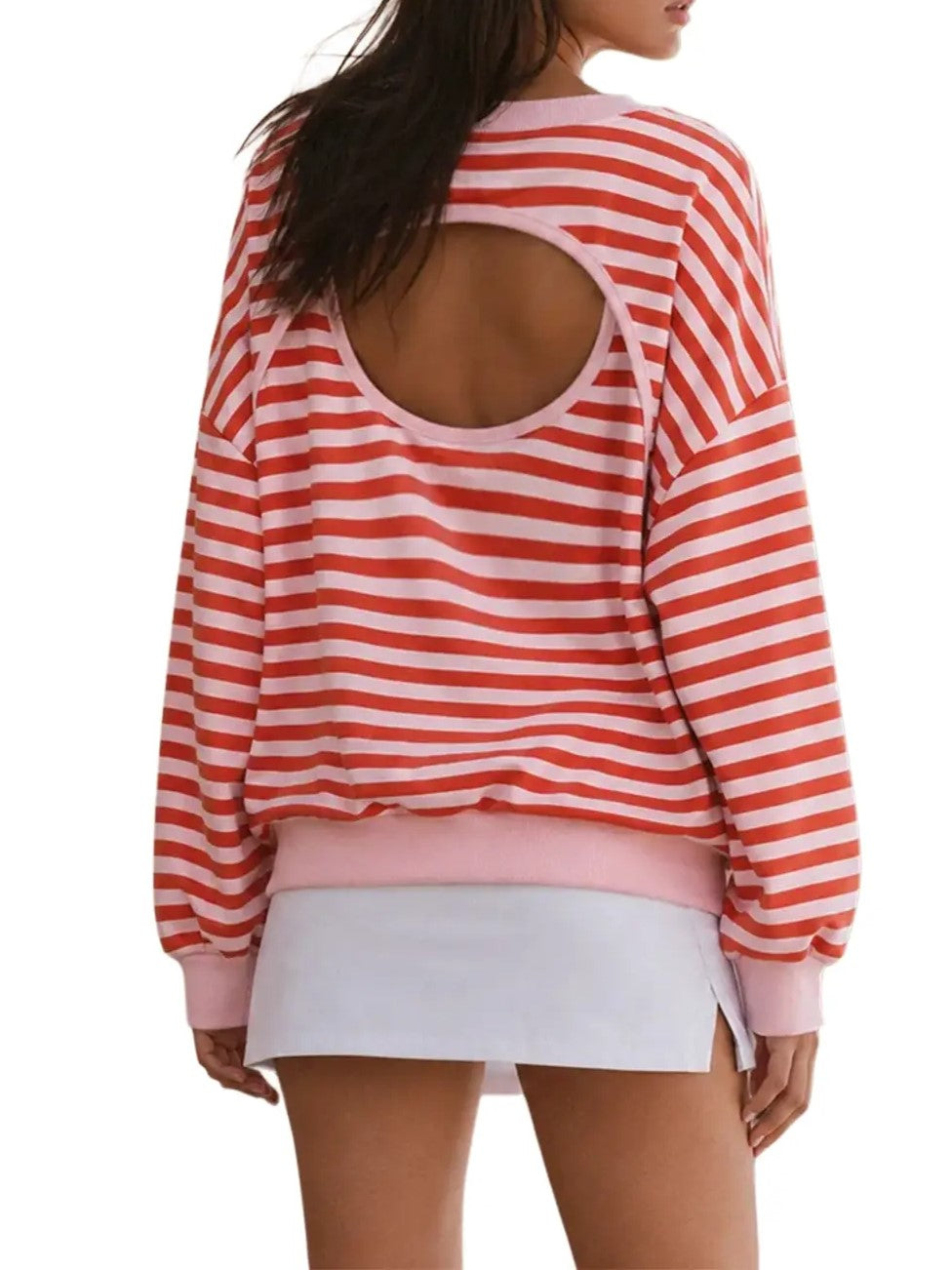 Women's Fall Striped Back Cutout Oversized Sweatshirt