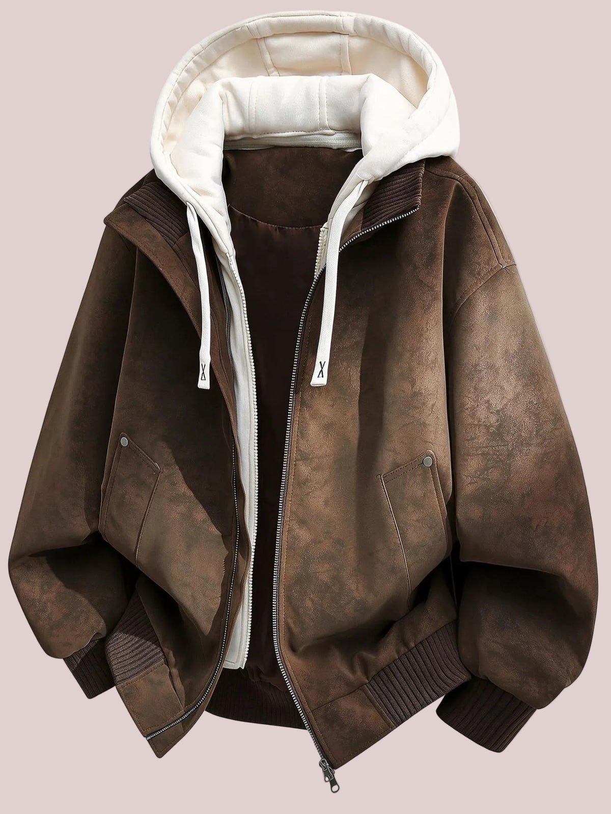 Vintage Distressed Fake Two-Piece Hooded Bomber Jacket