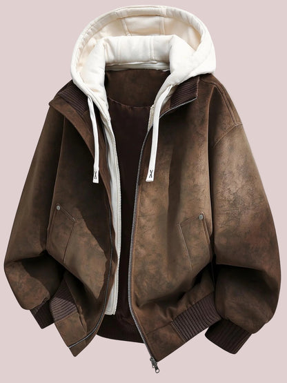 Vintage Distressed Fake Two-Piece Hooded Bomber Jacket