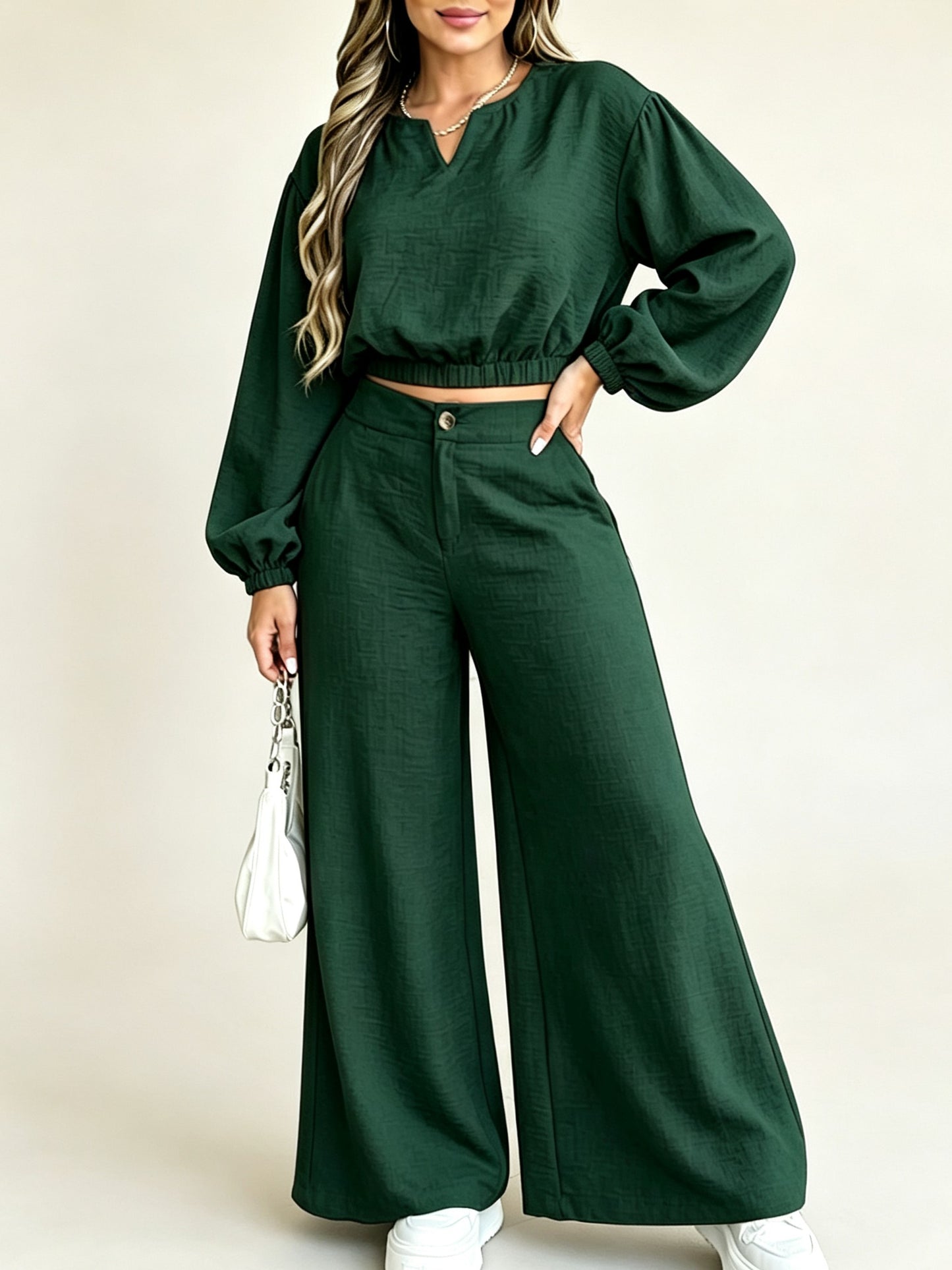 Women's Elastic Cuff Crop Top Wide Leg Trousers Matching Set