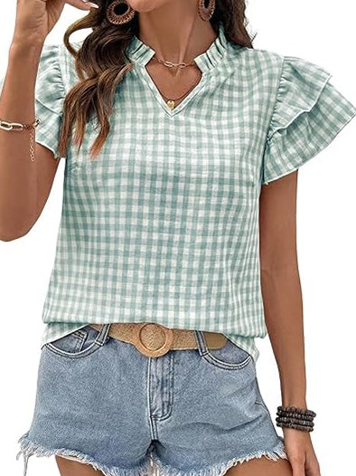 Women's Gingham V Neck Ruffle Sleeve Blouse