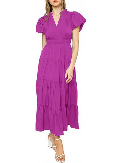 Women's Casual Ruffle V-Neck Smocked Waist Midi Dress