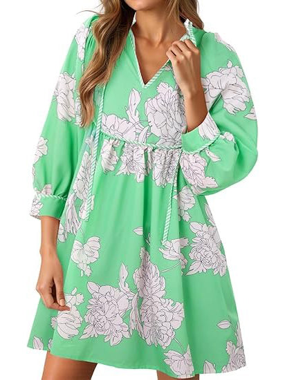 Women's Vibrant Floral Print Tied Waist Dress with Pockets