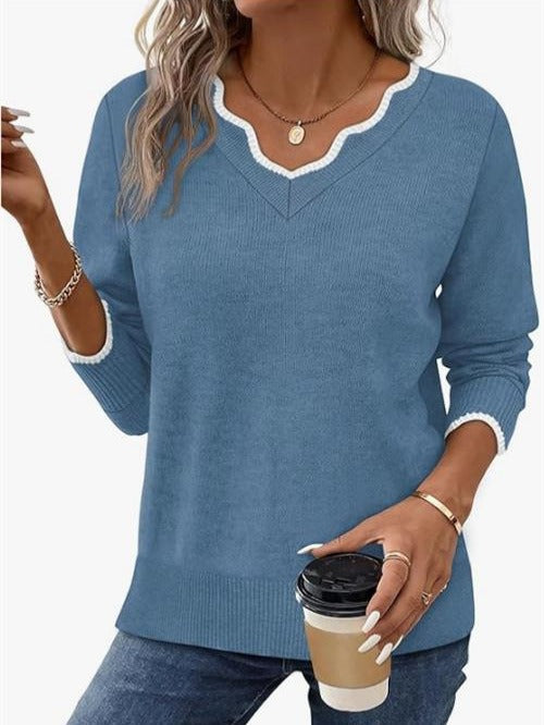 Women's Scalloped Trim V Neck Knit Sweater