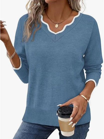 Women's Scalloped Trim V Neck Knit Sweater