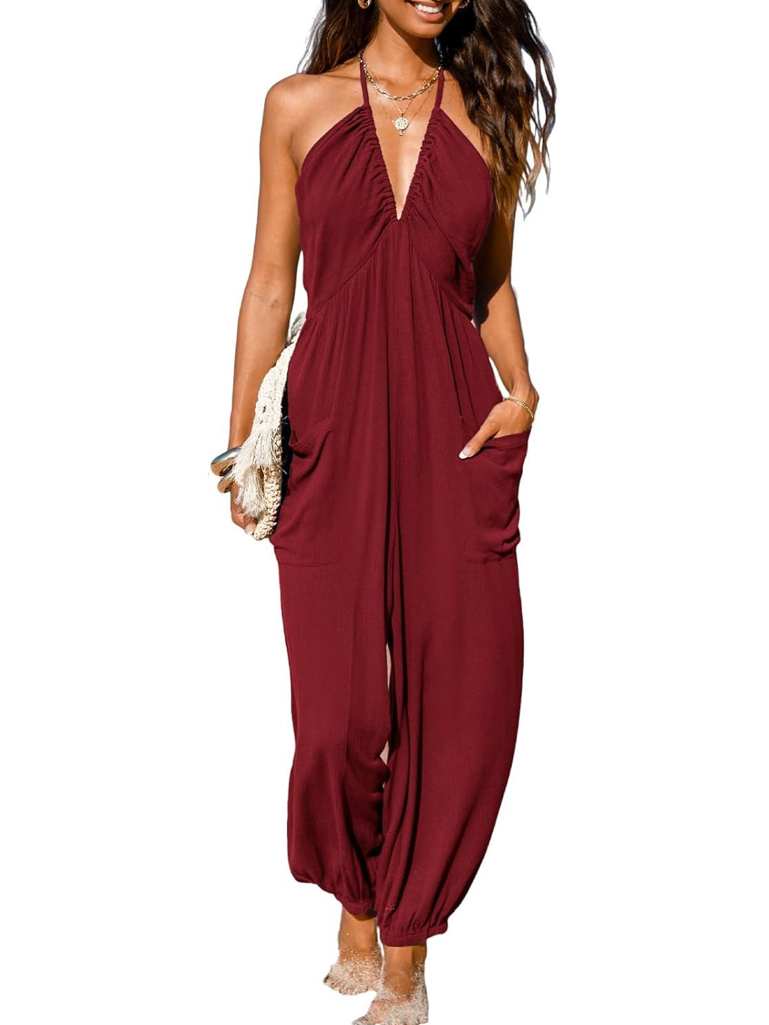 Women's Summer Vacation Halter Jumpsuit with Pockets