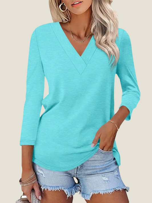 Women's 3/4 Length Sleeves V Neck Basic Tops
